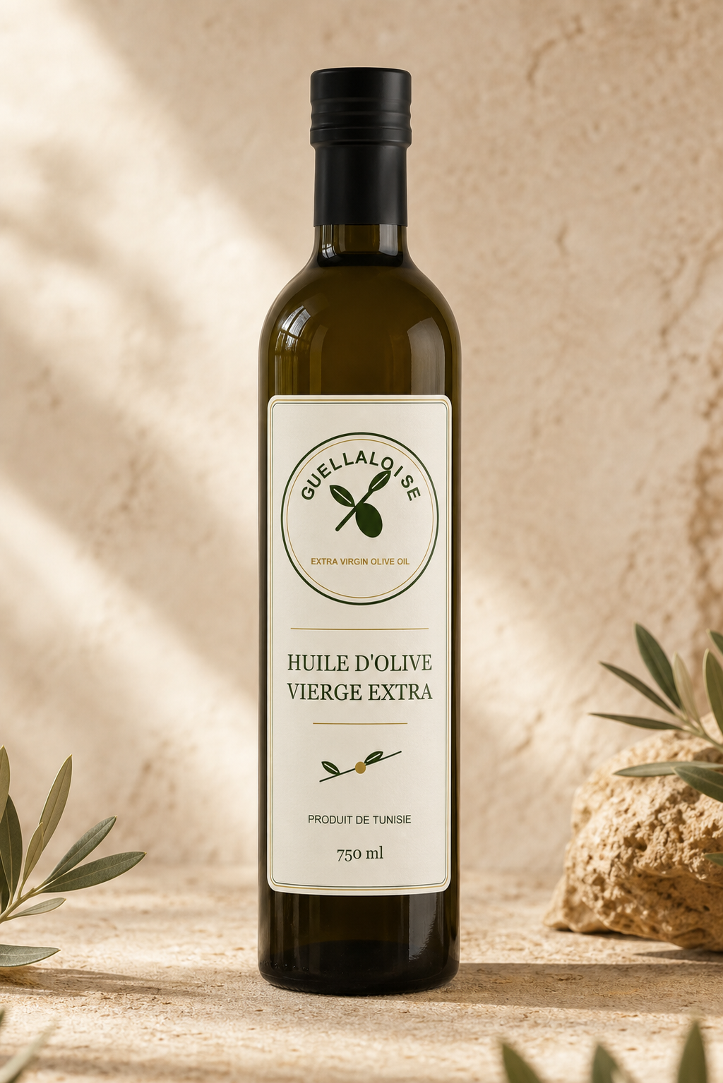 Bouteille GUELLALOISE 750 ml dans un décor méditerranéen